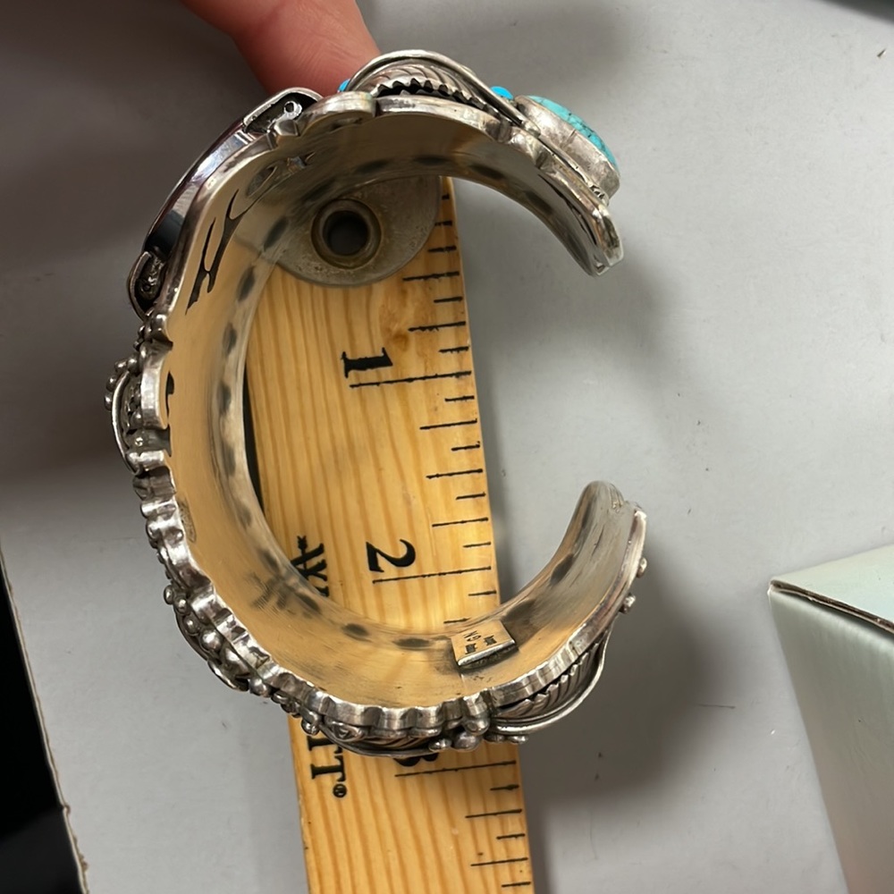 Native American Sterling Silver Turquoise Decorative Bangle Bracelet Watch - Picture 13 of 15